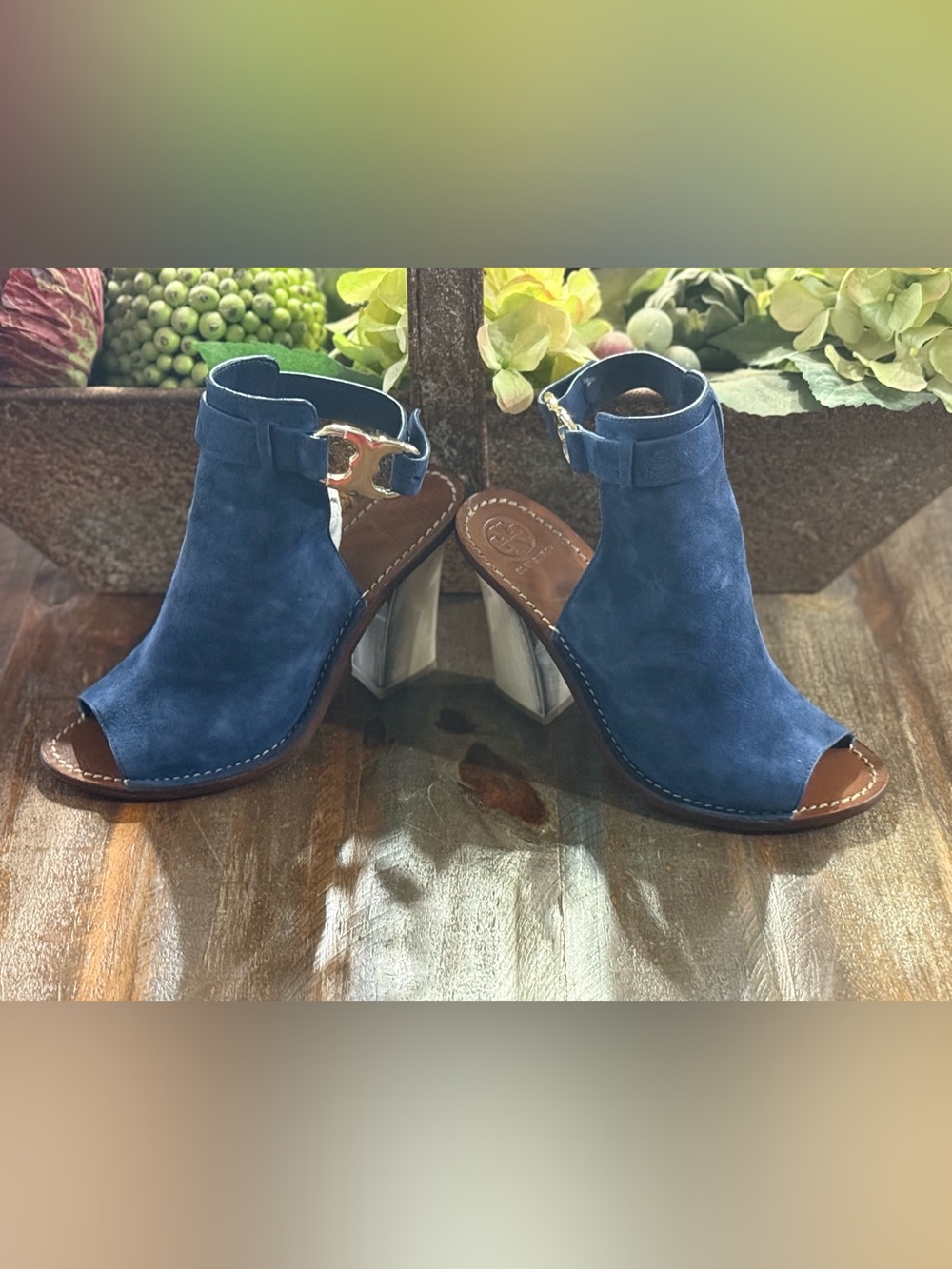 Tory Burch Women’s Size 8M Blue Suede Peep Toe Booties EUC - Picture 7 of 11